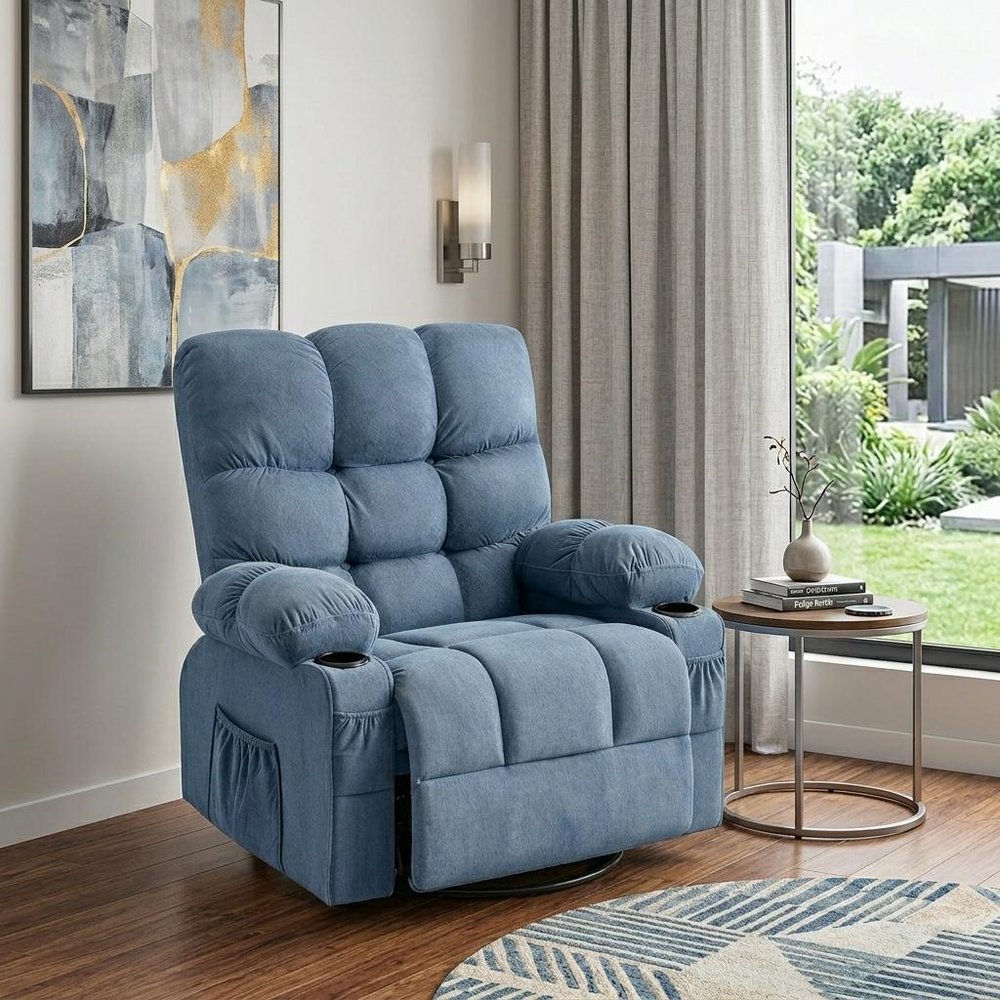 39" Blue Tufted Chenille Heated Massage Manual Rocker And Swivel Recliner With USB