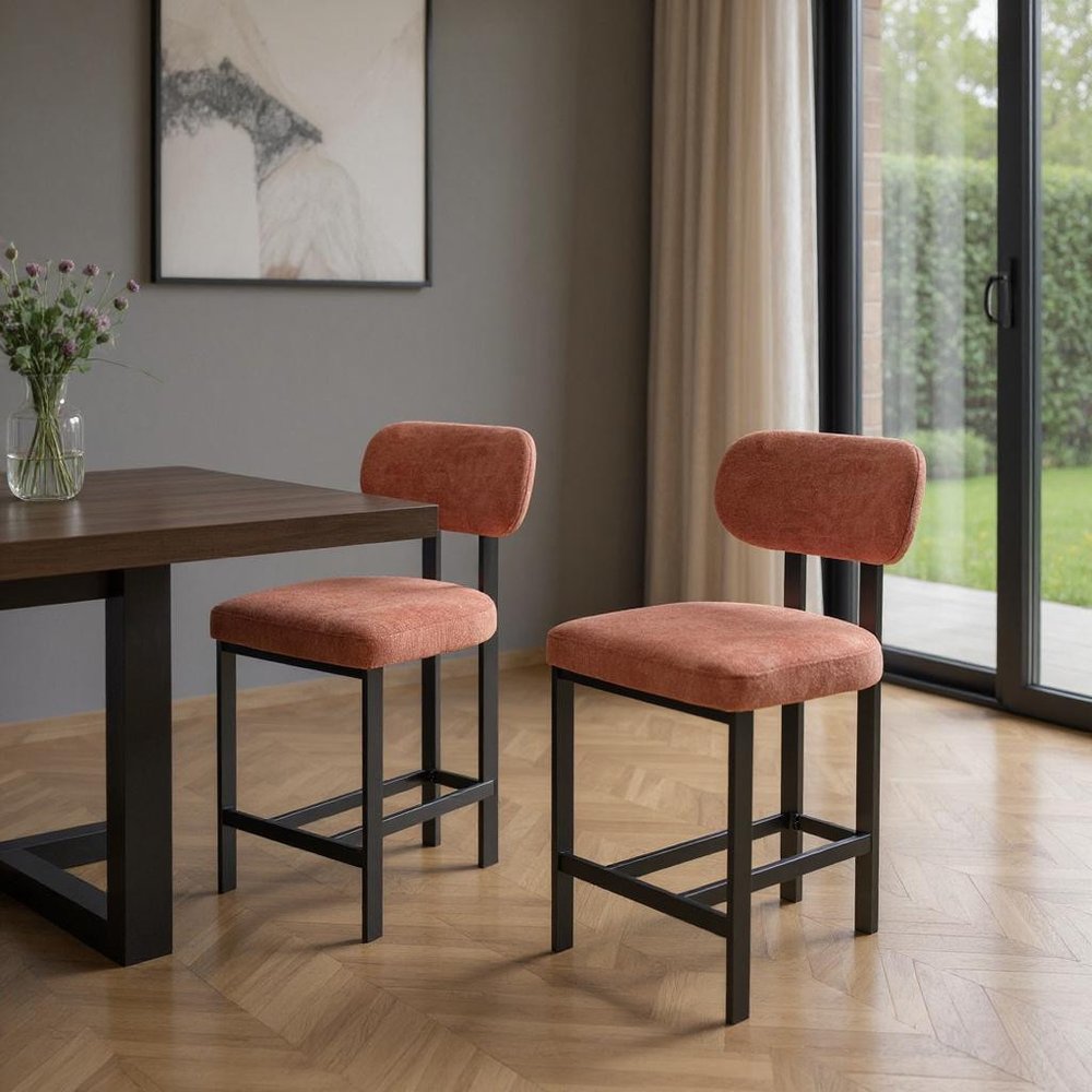 Set of Two 26" Orange and Black Fabric and Metal Counter Height Bar Chairs