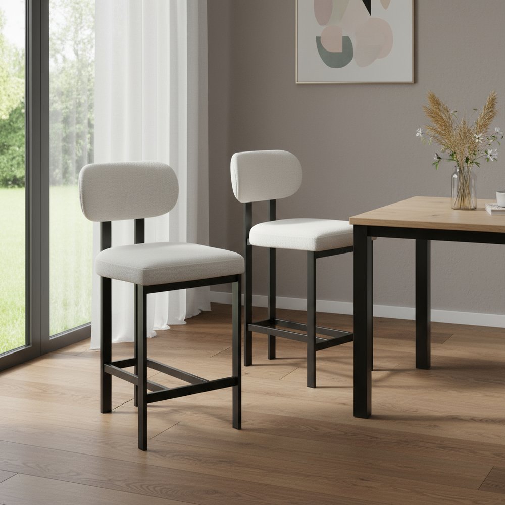 Set of Two 26" White and Black Fabric and Metal Counter Height Bar Chairs