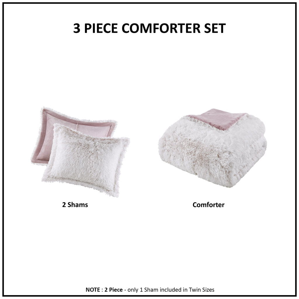 Malea - 3 Piece Full/Queen Shaggy Comforter Mini Set - Pink/White
