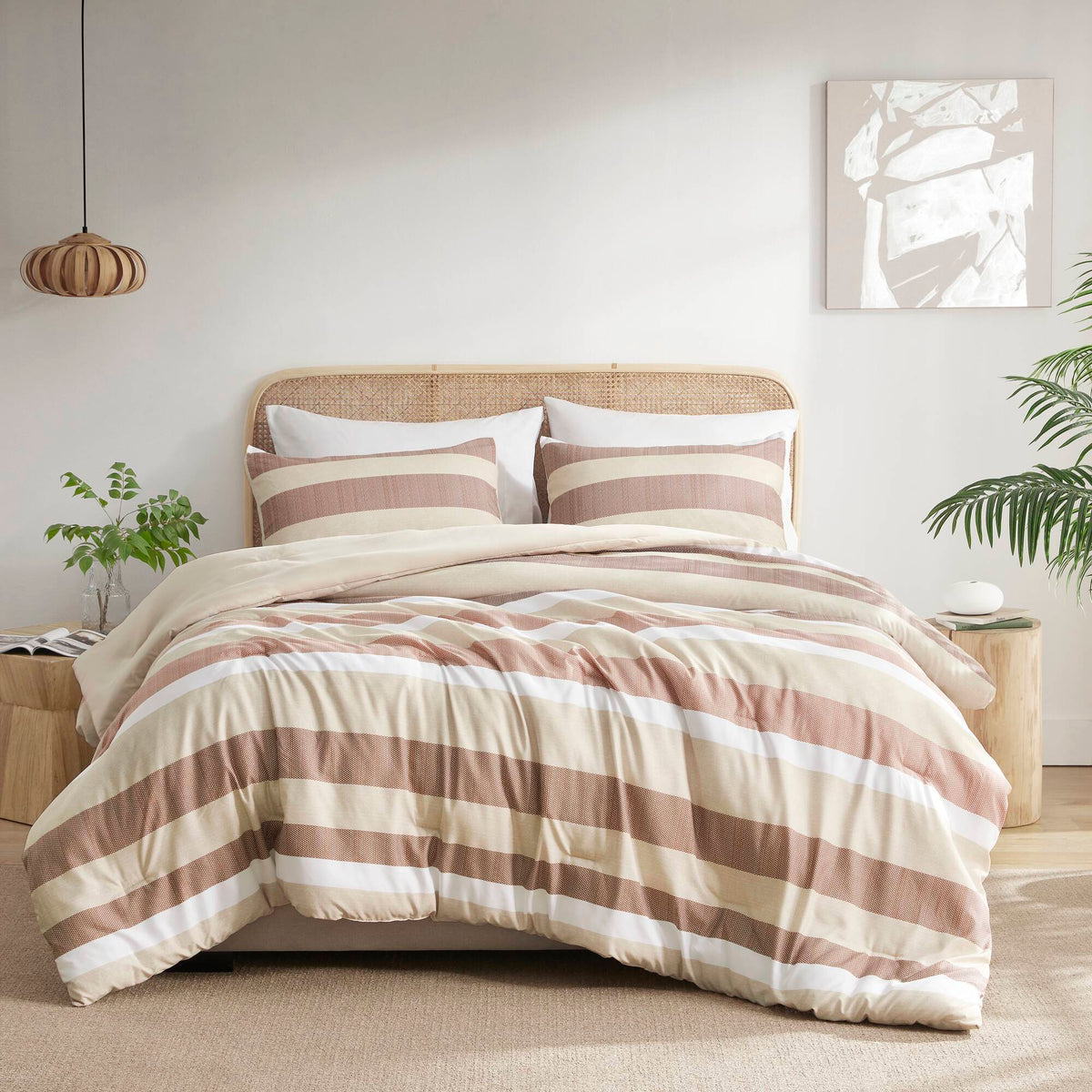 Blais - Stripe Textured Print Comforter Set King - Terracotta