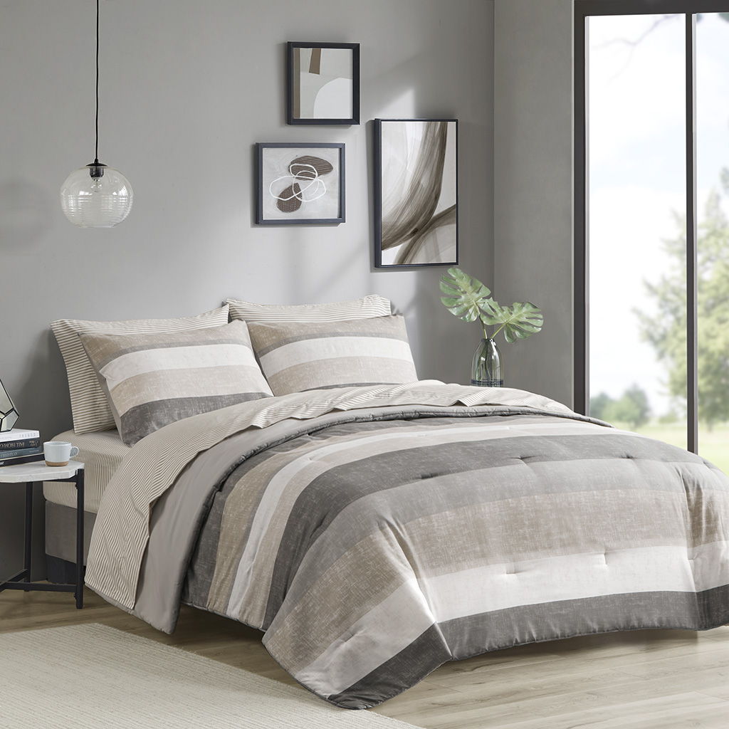 Jaxon - Stripe Comforter Set With Bed Sheets - Beige / Gray