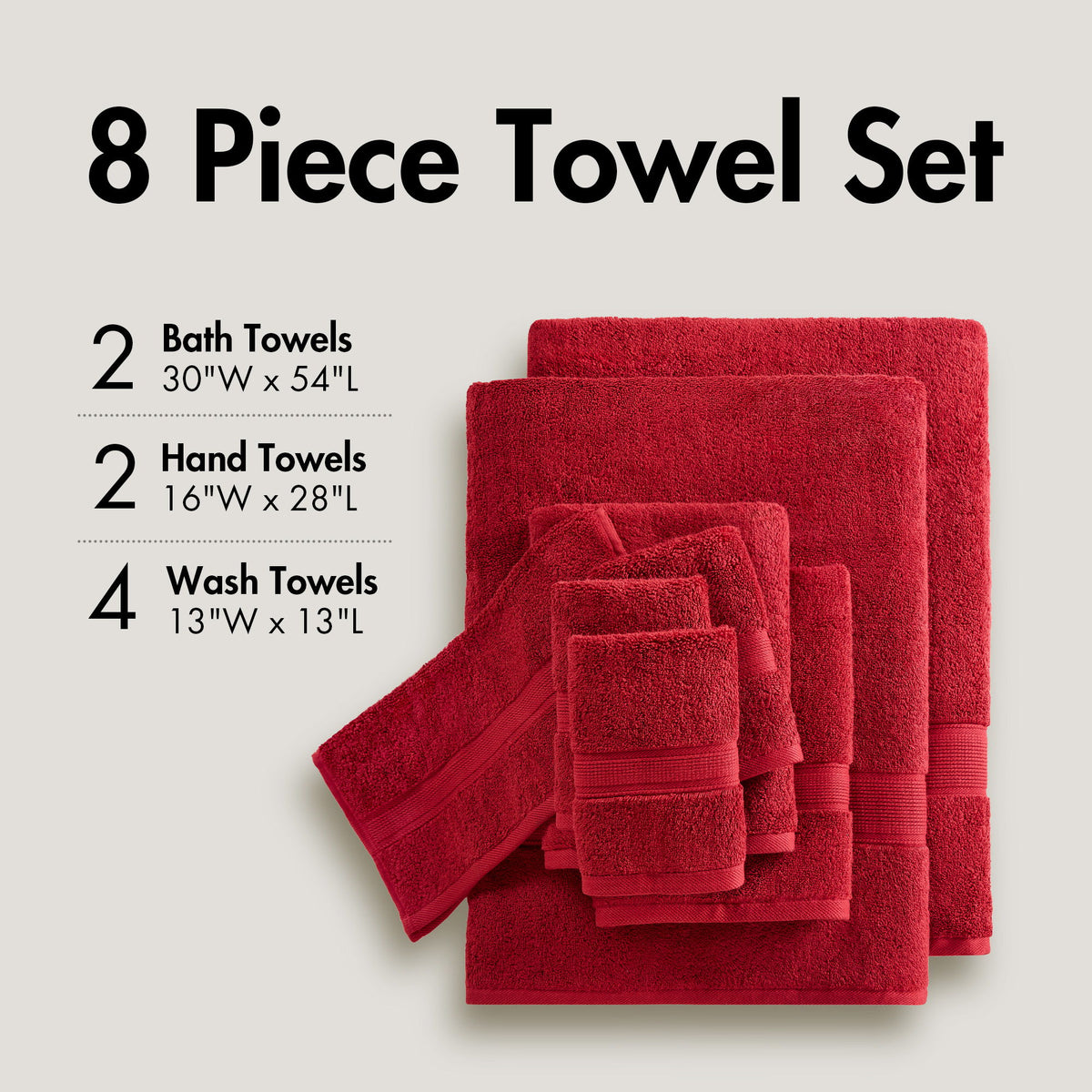 800GSM - Ultra-Soft Absorbent 8 Piece Towel Set - Bright Red