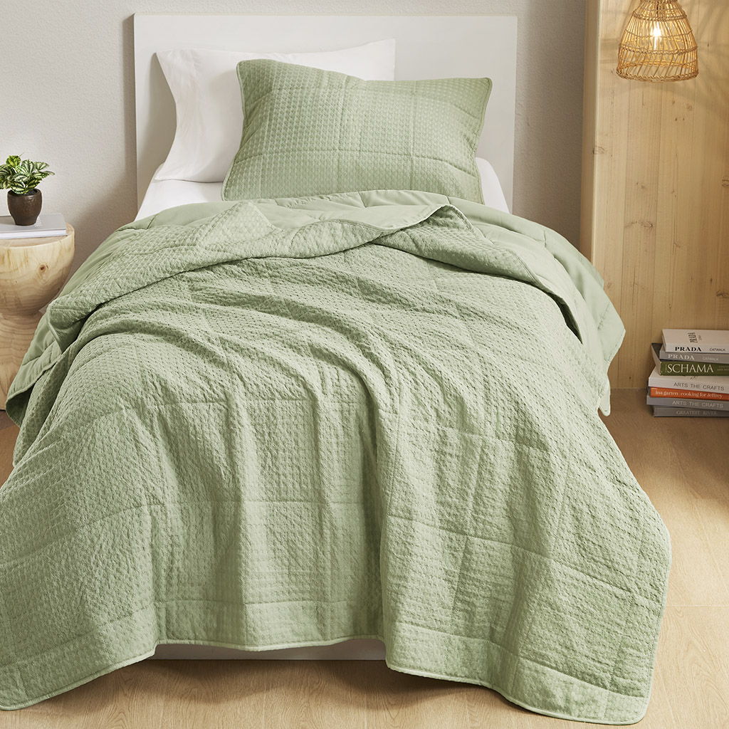 Mina - King/California King Waffle Weave Textured Quilt Set - Green