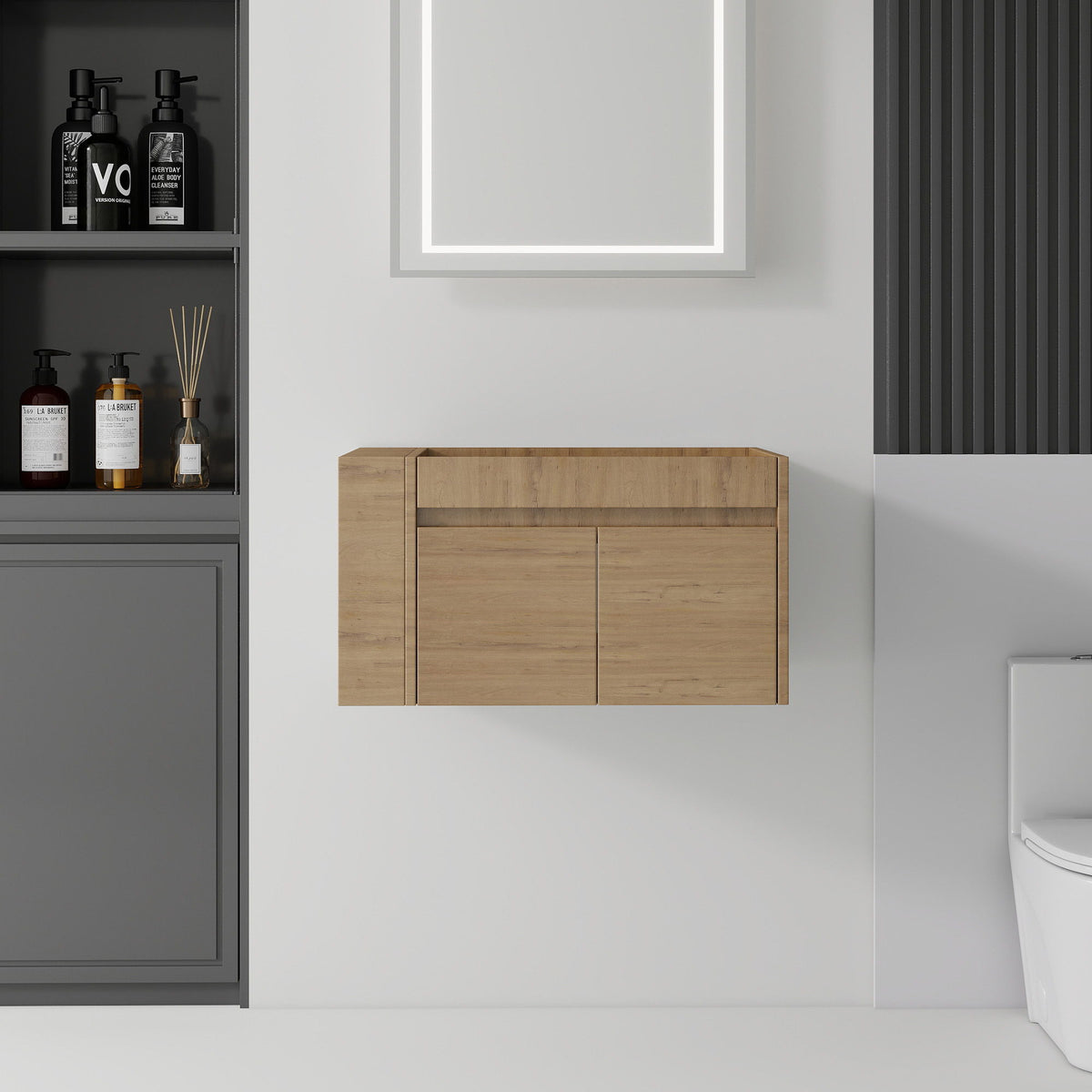 Floating Bathroom Vanity Cabinet, Soft Close Double Drawers, Open Side Storage, Wall Mounted, Cabinet Only