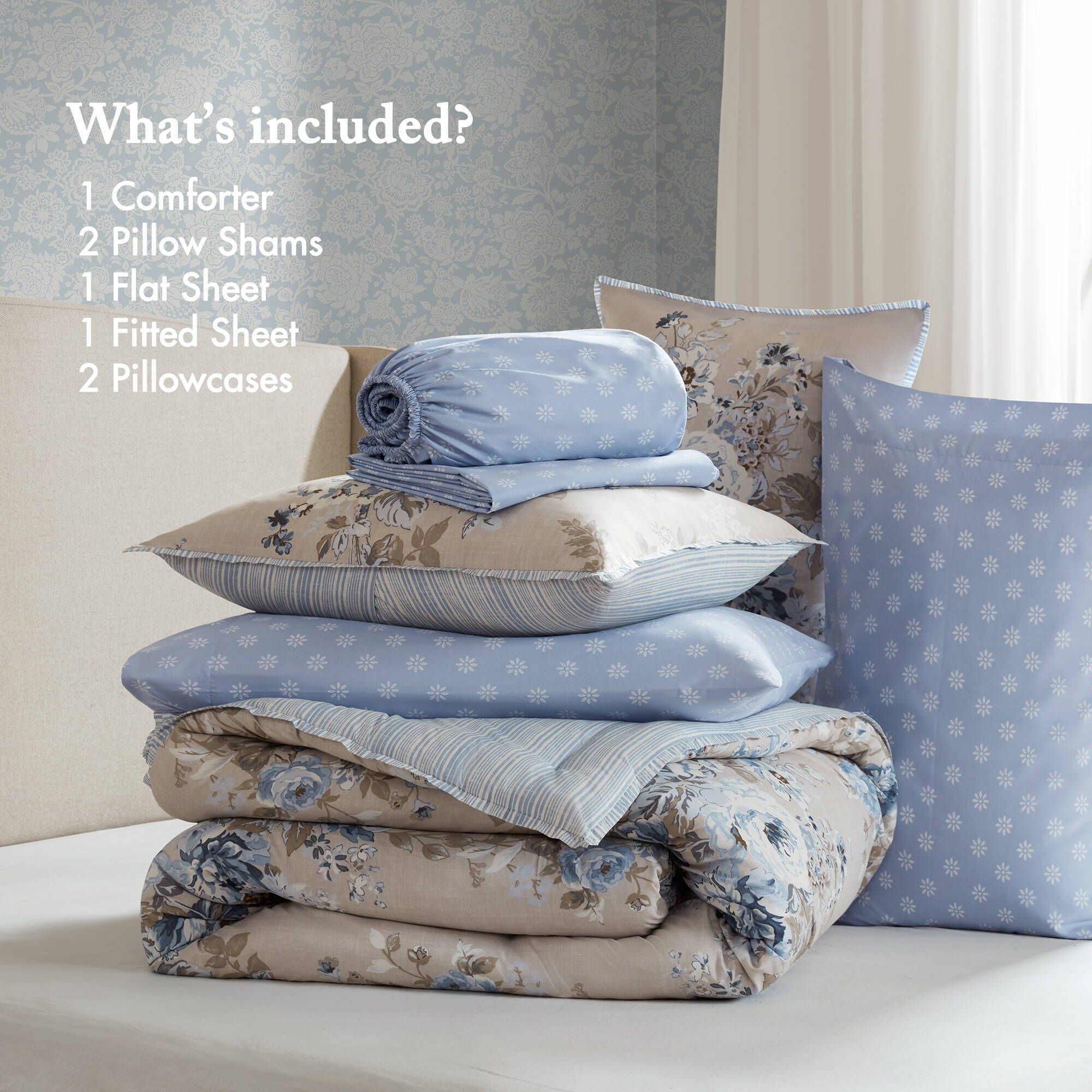 Heather - Twin Long 5 Piece Vintage-Inspired Floral Print - Beige / Blue