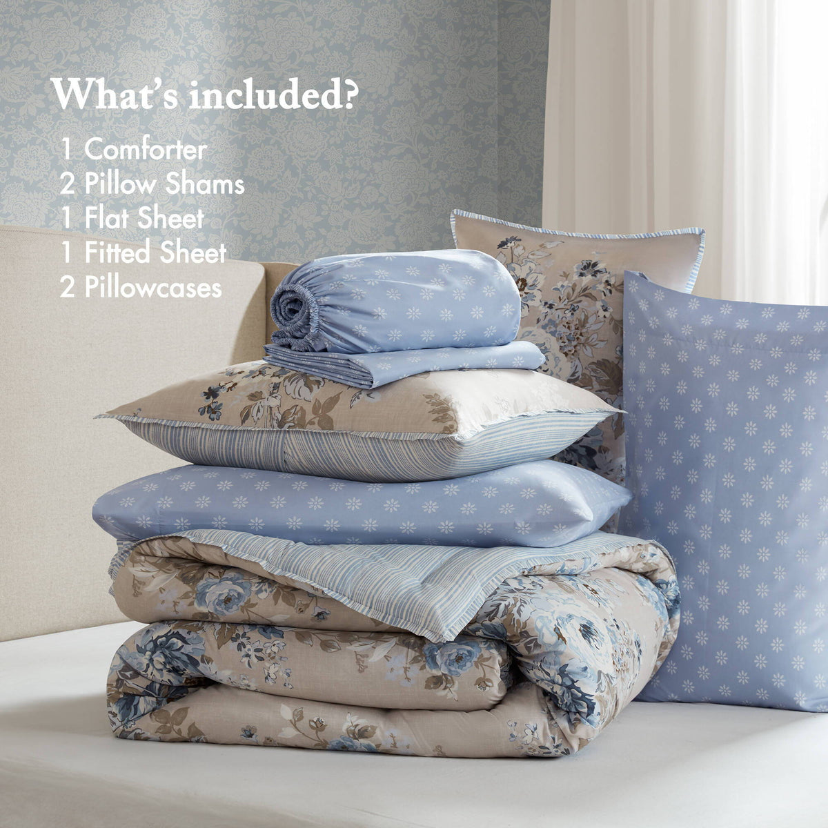 Heather - King 7 Piece Vintage-Inspired Floral Print - Beige / Blue