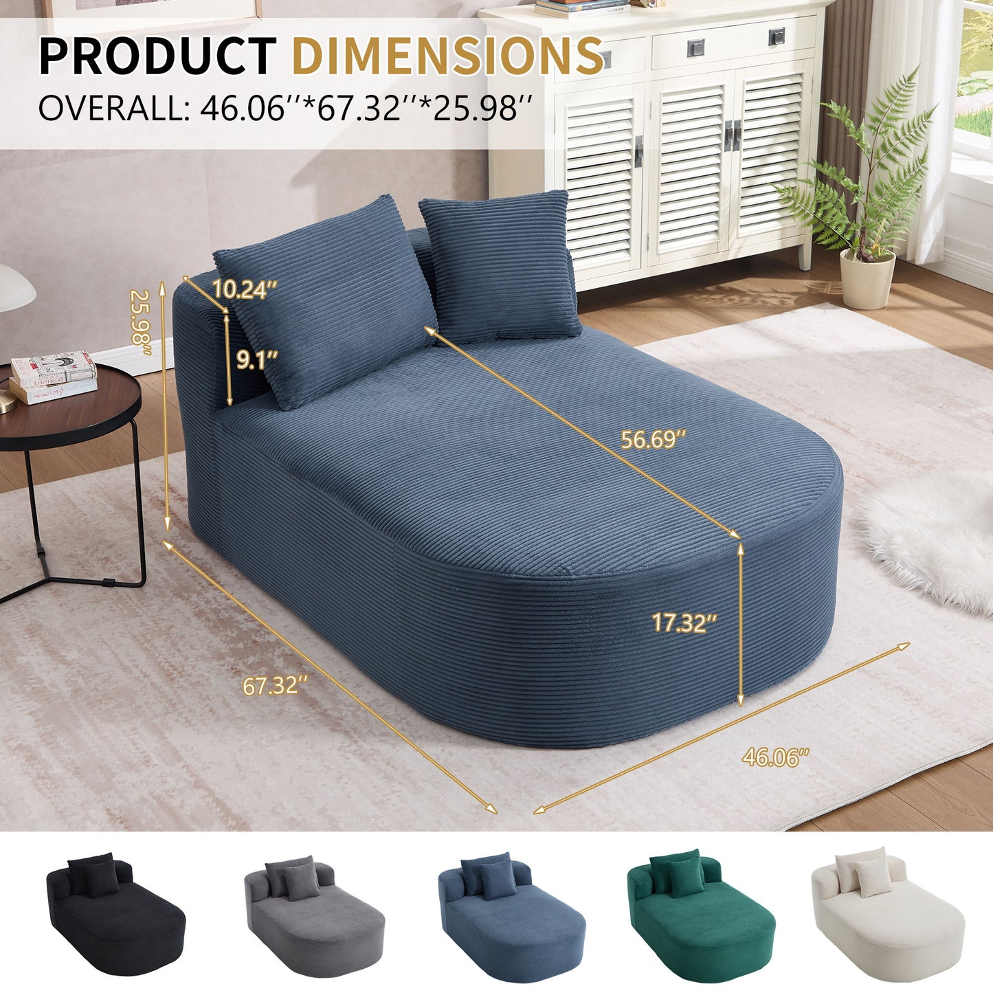 Oversized Corduroy Chaise Lounge Sofa Bed With Deep Seat And Soft Pillows, Wide Seat, No Assembly Required - Blue