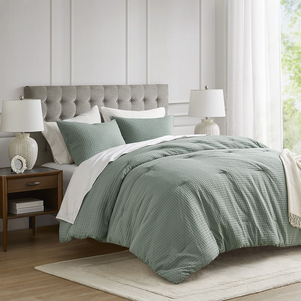 Mina - King/California King Waffle Weave Textured Comforter Set - Sage Green