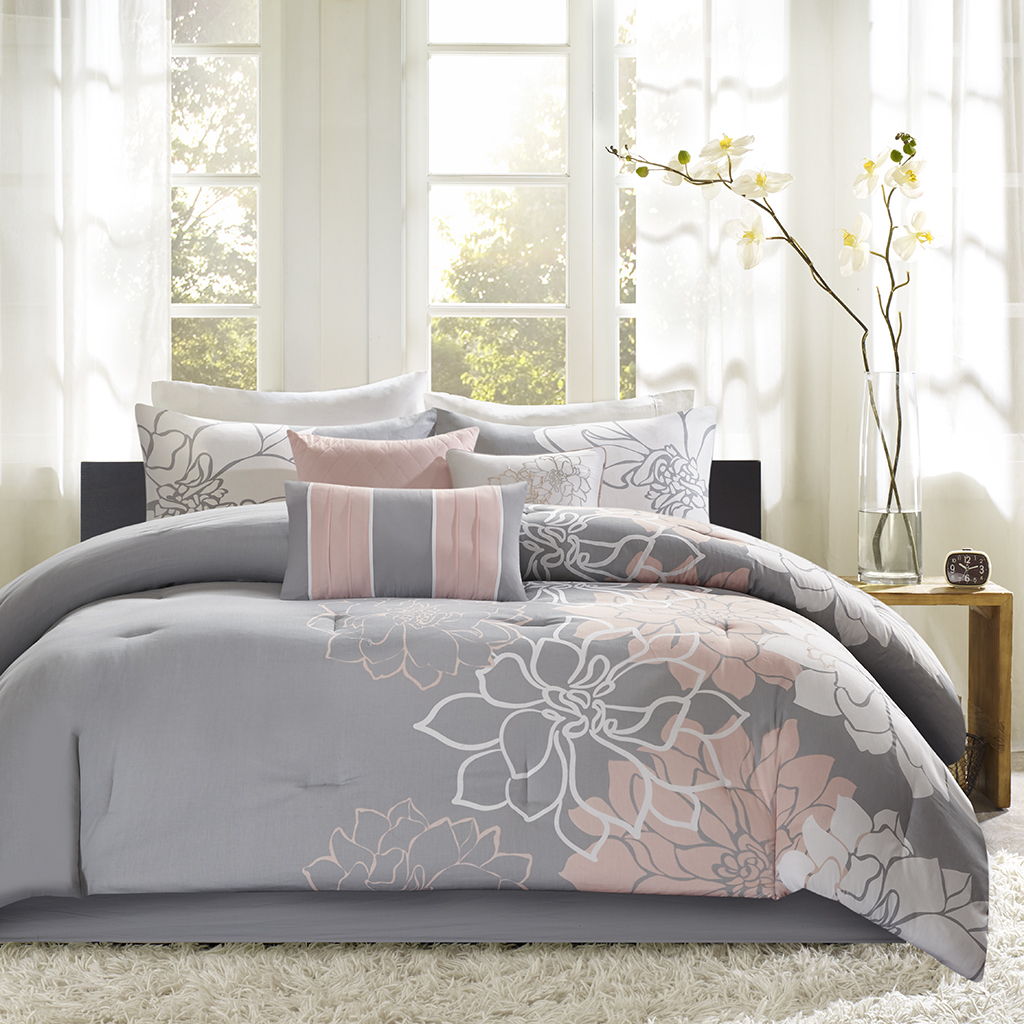 Lola - King Comforter Set - Gray / Blush