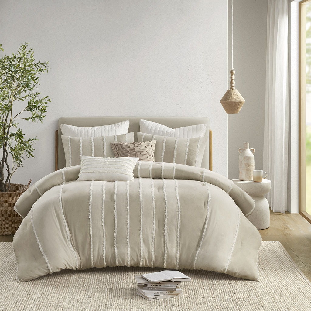 Shay - 3 Piece Striped Cotton Comforter Set - Beige