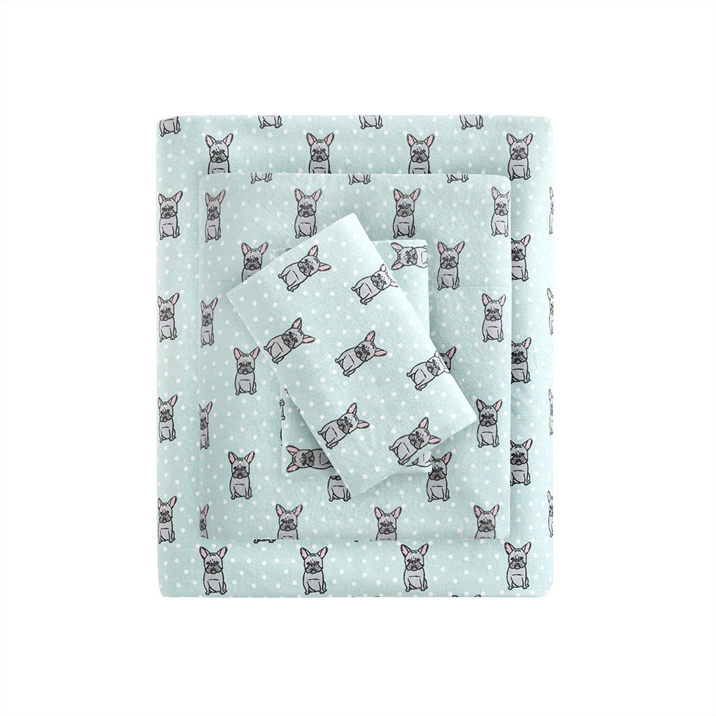 Cozy Flannel - King 100% Printed Sheet Set - Aqua French Bulldog