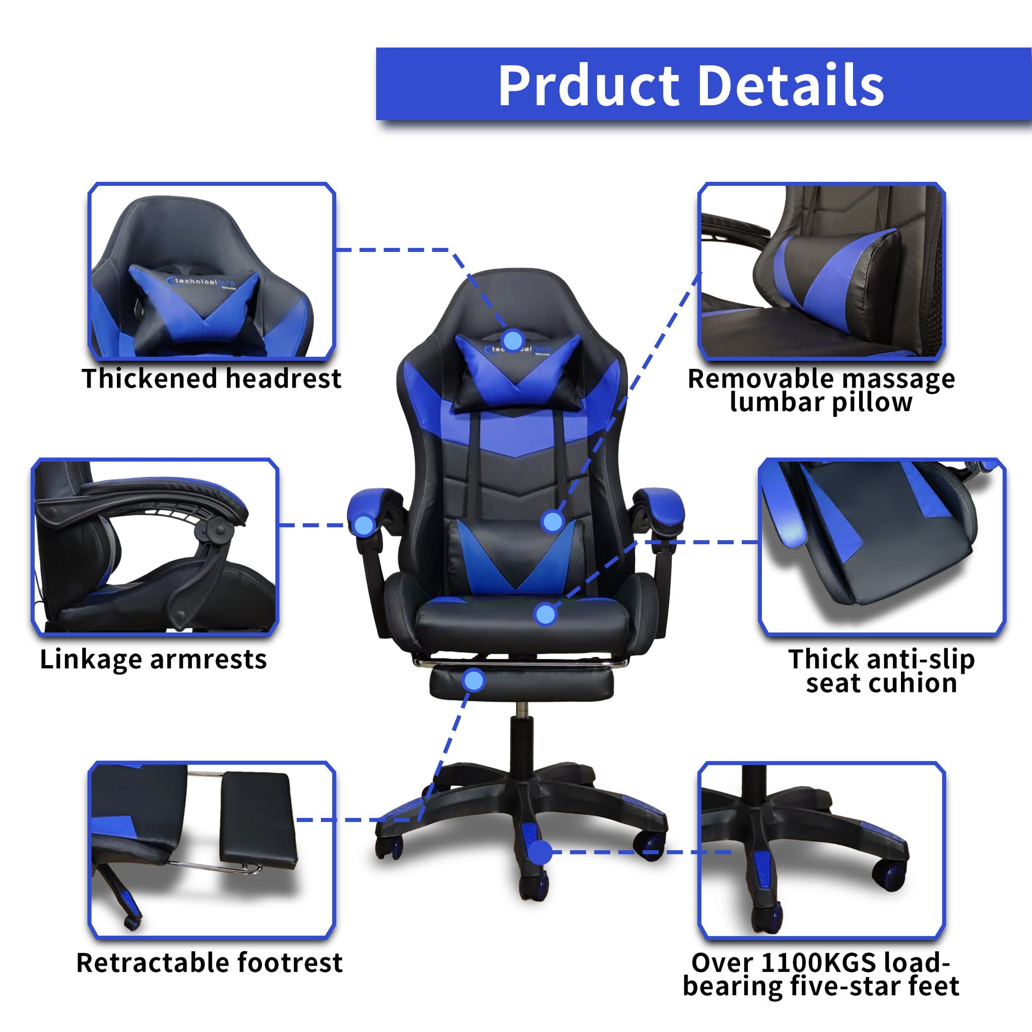 Gaming Bluetooth Chair - Blue & Black