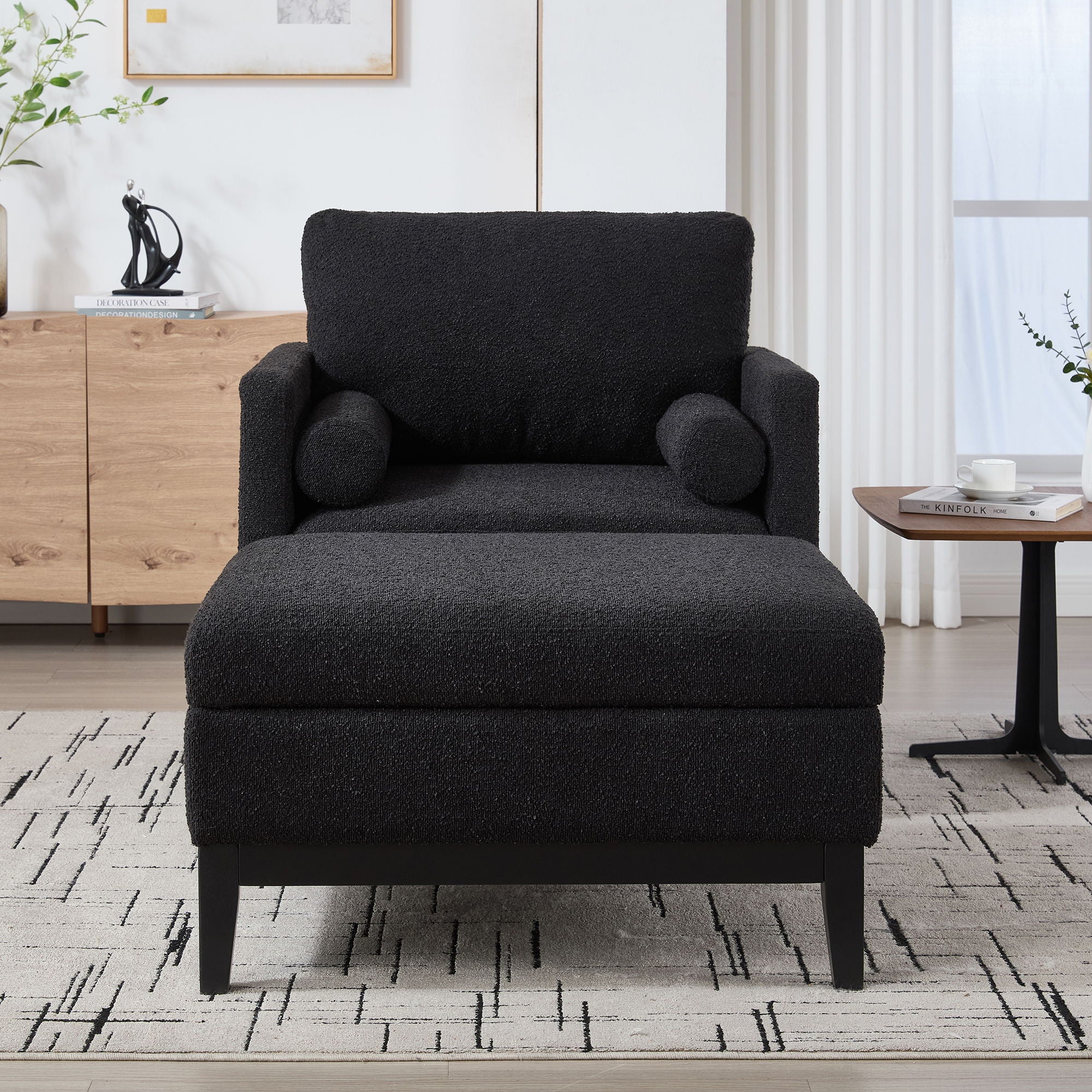 Farmhouse Upholstered Accent Chair With Ottoman, Reversible Lid Coffee Table