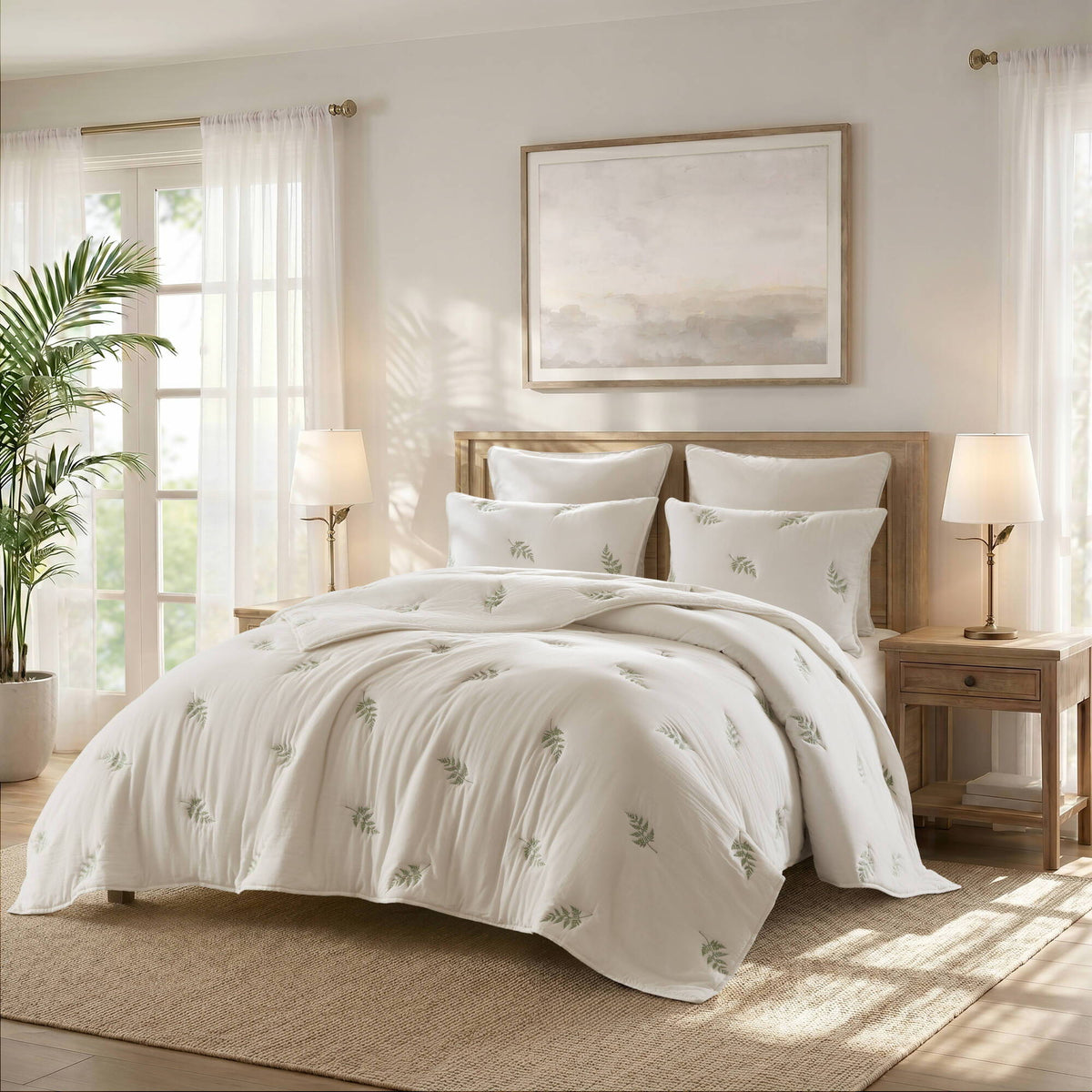 Willow Embroidered Botanical - Full/Queen 100% Cotton Lightweight 3 Piece Quilt Set - White / Sage