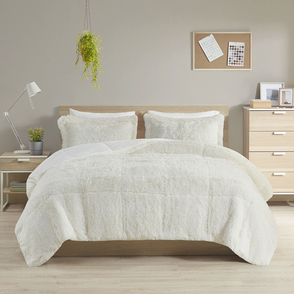 Malea - Twin Shaggy Comforter Mini Set - Ivory