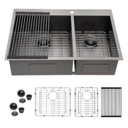 Double Bowl Drop In Sink With 2 - 9" Deep Basins - Gunmetal Black