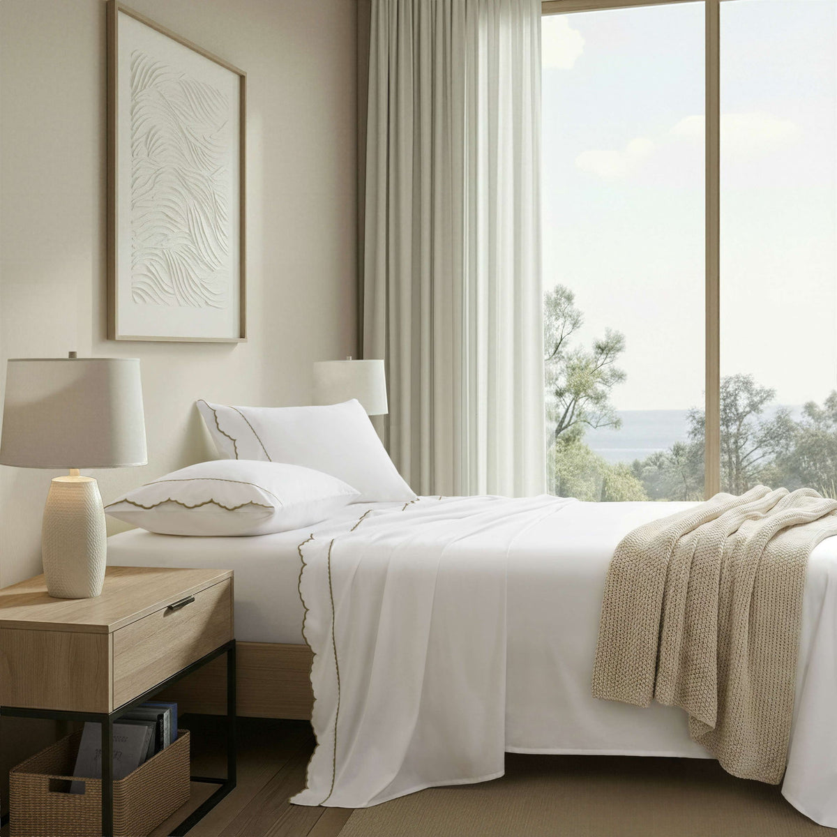 Brielle Scalloped Edge - 4 Piece King Cotton Sheet Set - Linen