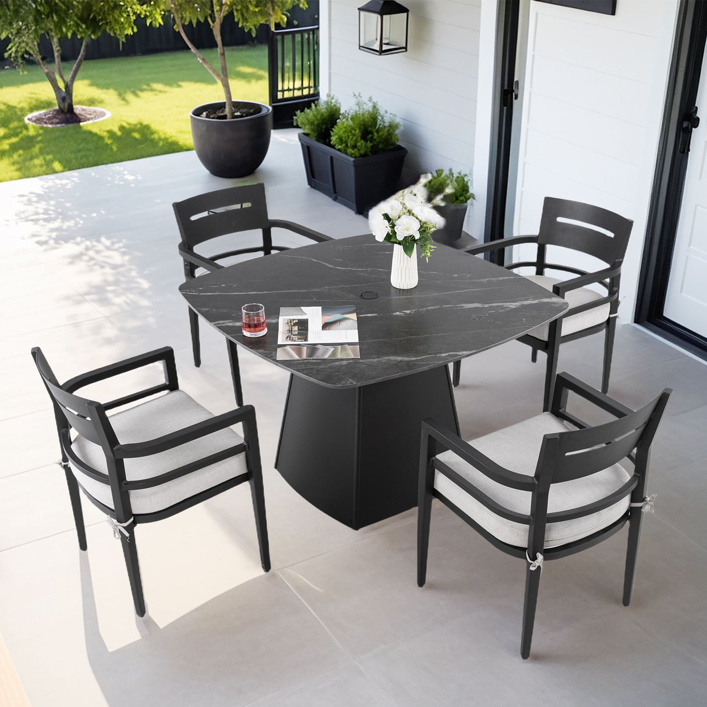 Outdoor Patio Dining Set, Squircle Dining Table, Dining Chairs With Sunbrella Cushions