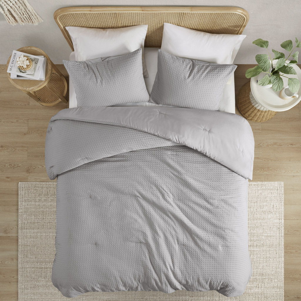 Mina - King/California King Waffle Weave Textured Comforter Set - Light Gray