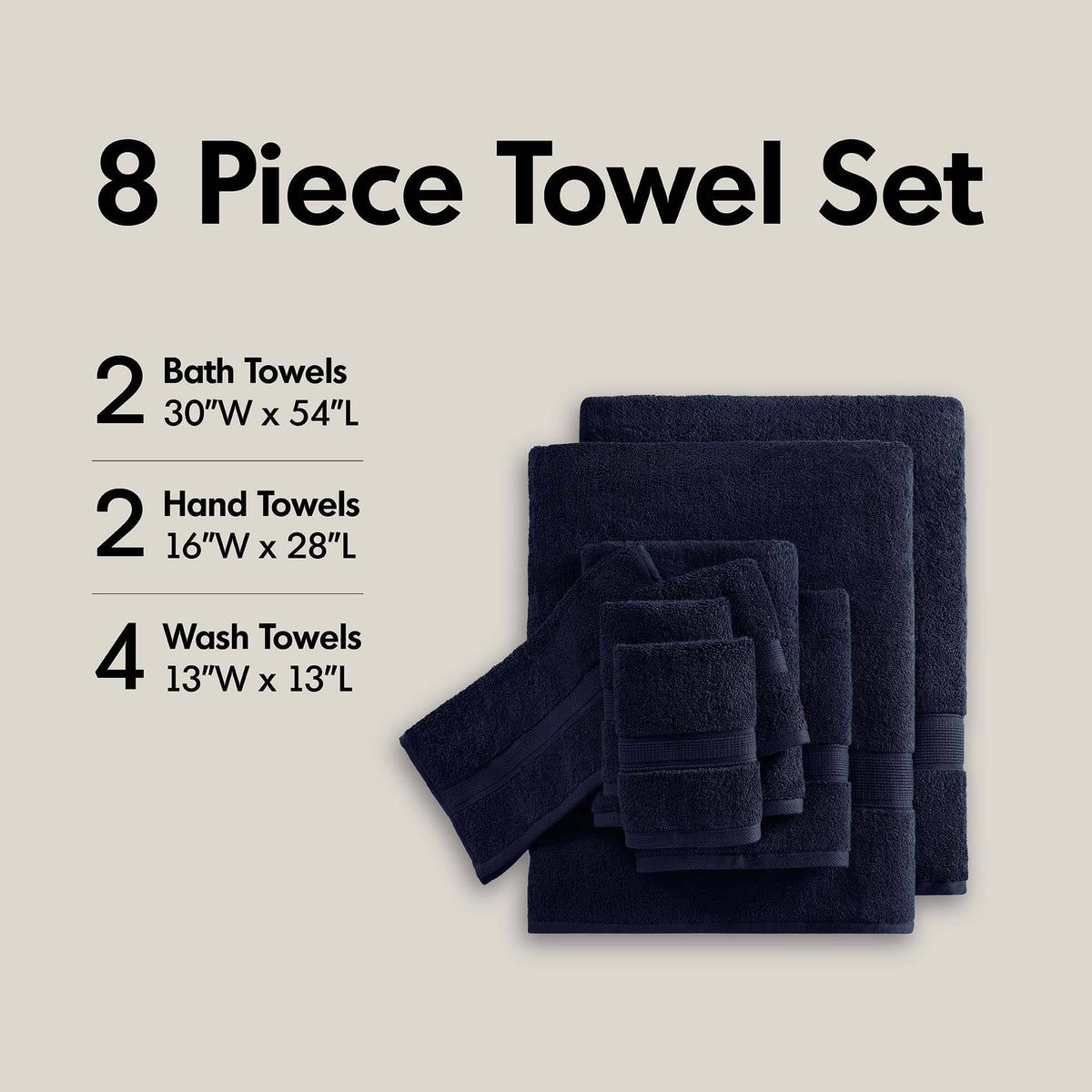 800GSM Ultra-Soft Absorbent 8 Piece Towel Set - Dark Navy