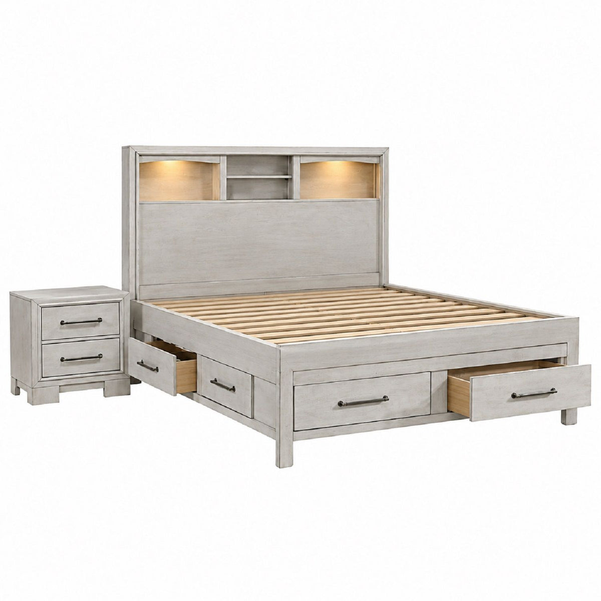 Bed Set With Storage Drawers, Open Shelves, And Built In LED Lighting