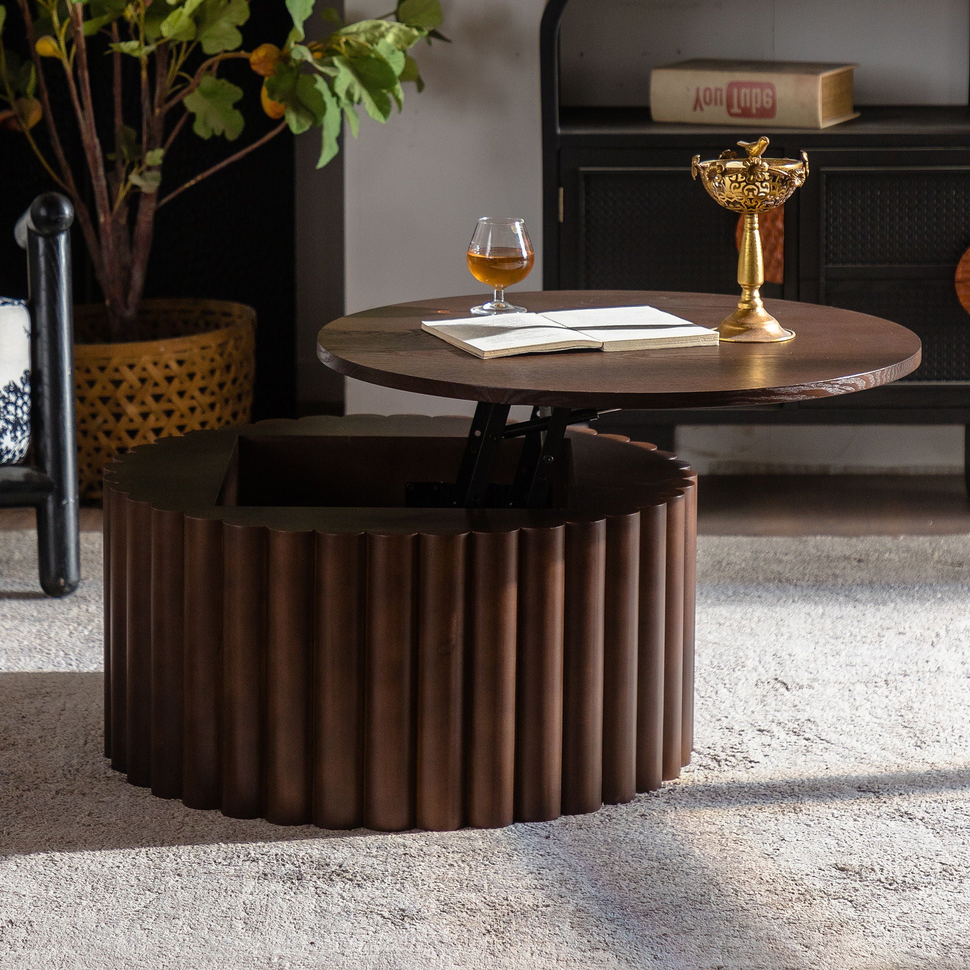 Round Coffee Table With Lift Mechanism For Living Room - Walnut