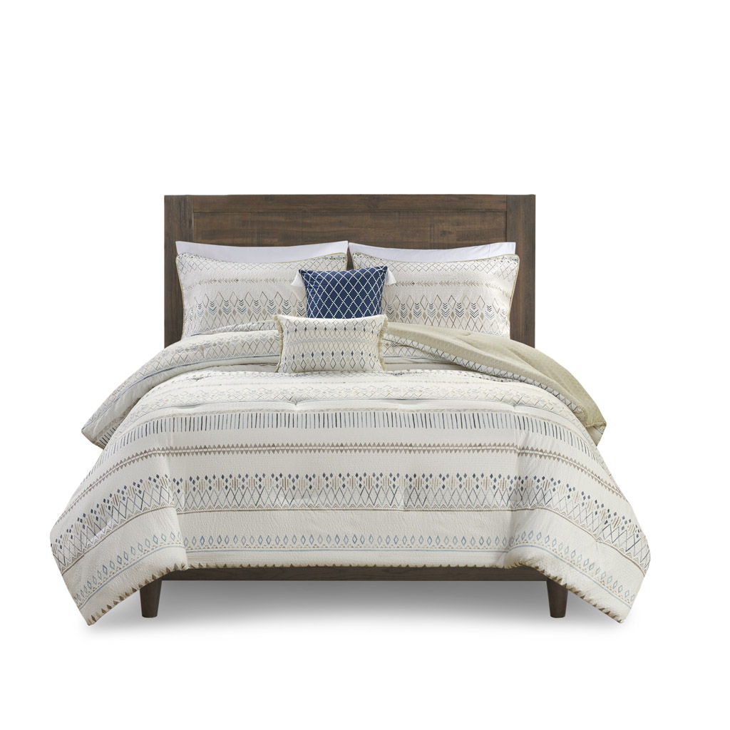 Fraser - 5 Piece Full Printed Seersucker Comforter Set With Throw Pillows - Taupe Multi