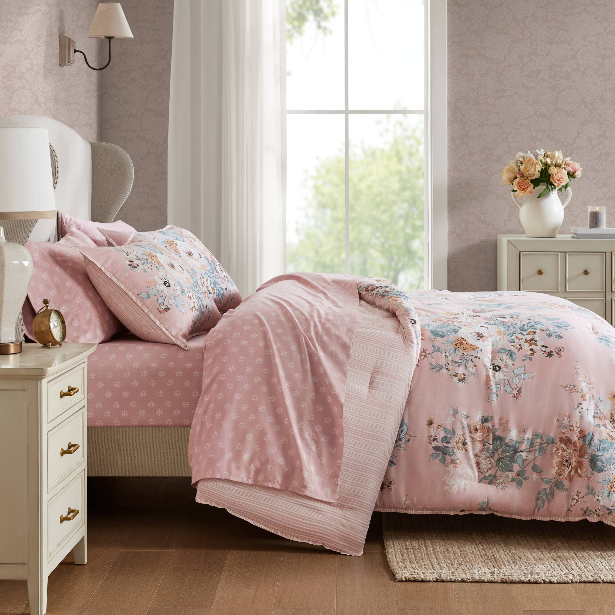 Heather - California King 7 Piece Vintage-Inspired Floral Print - Pink