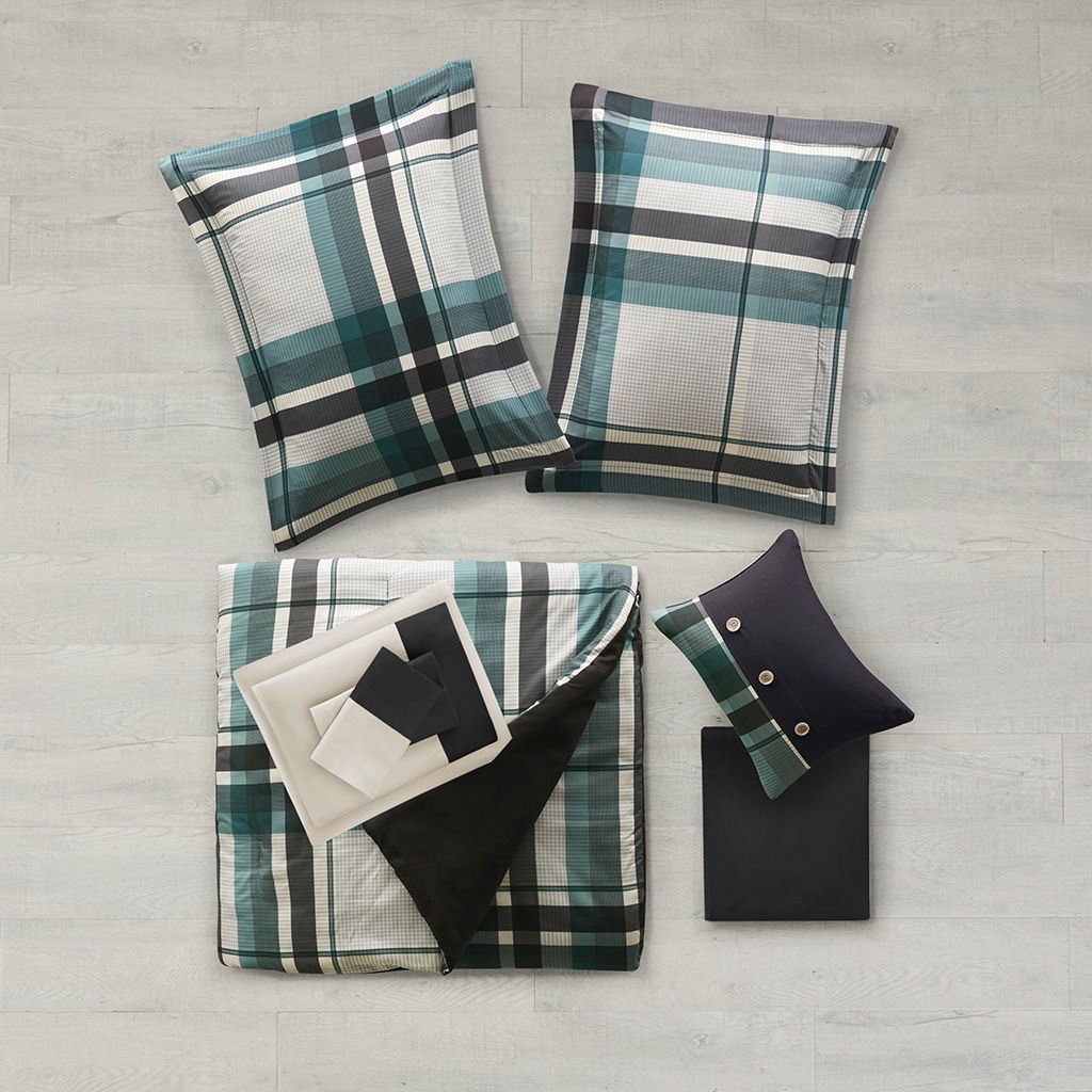 Robbie - 7 Piece Twin Long Plaid Comforter Set With Bed Sheets - Teal / Black