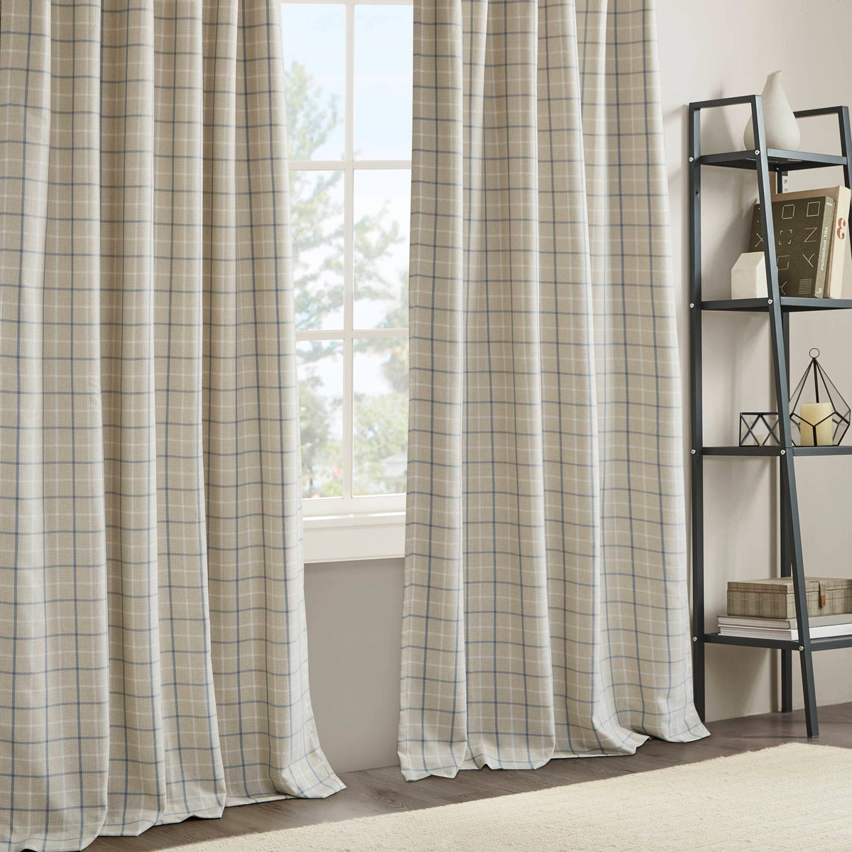 Anaheim - 50x84" Plaid Rod Pocket And Back Tab Curtain Panel With Fleece Lining - Linen Blue