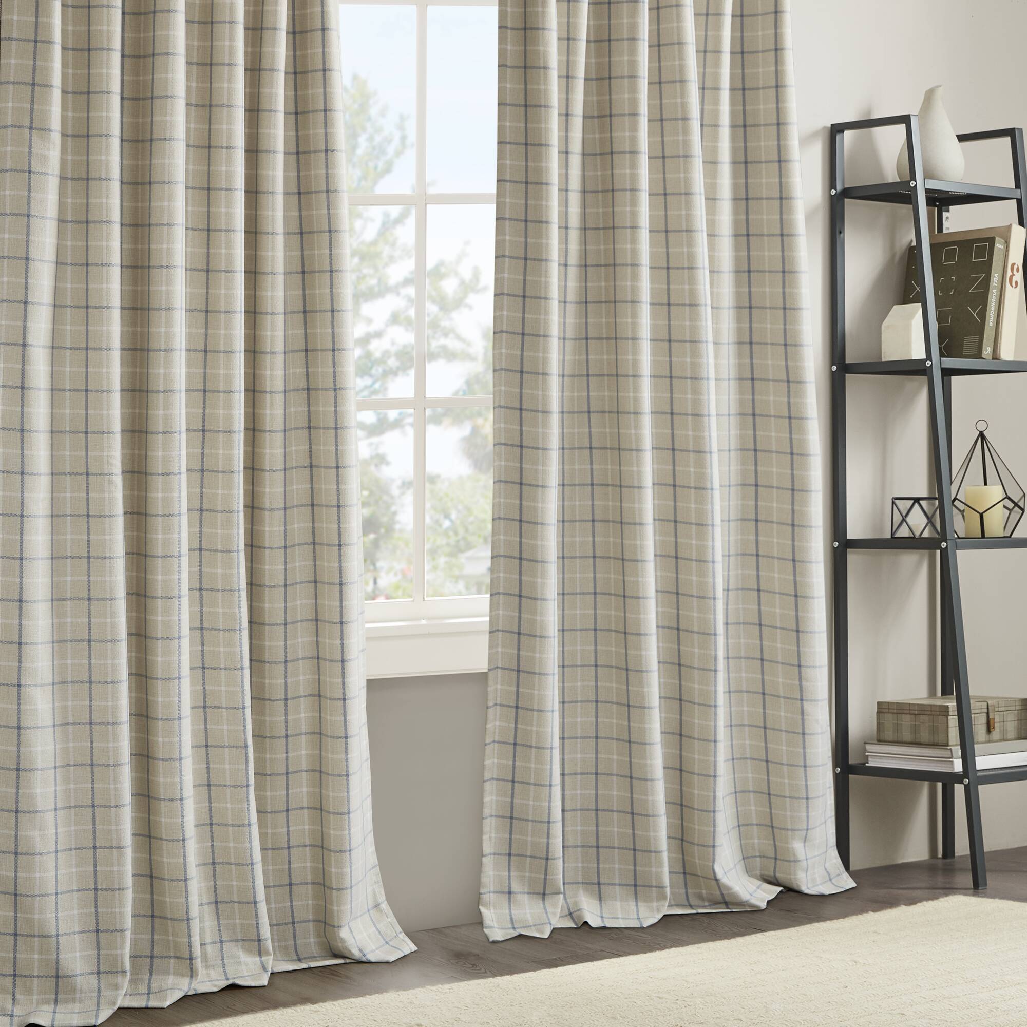 Anaheim - 50x95" Plaid Rod Pocket And Back Tab Curtain Panel With Fleece Lining - Linen Blue