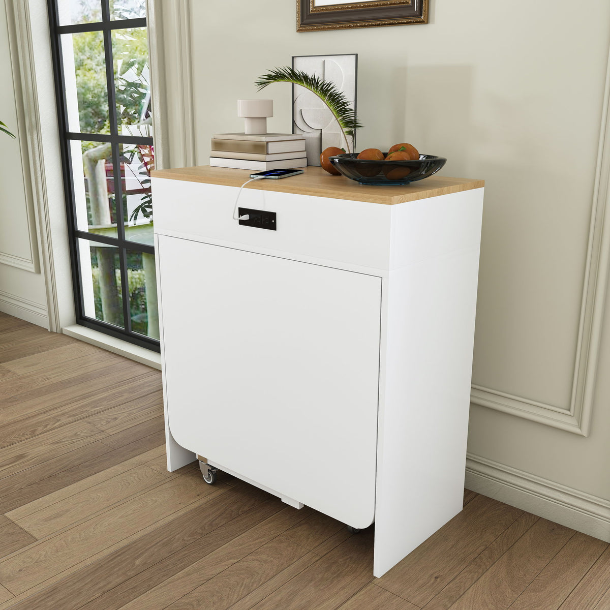 Extendable Dining Table With Power Socket, Lockable Casters, Storage Cabinet