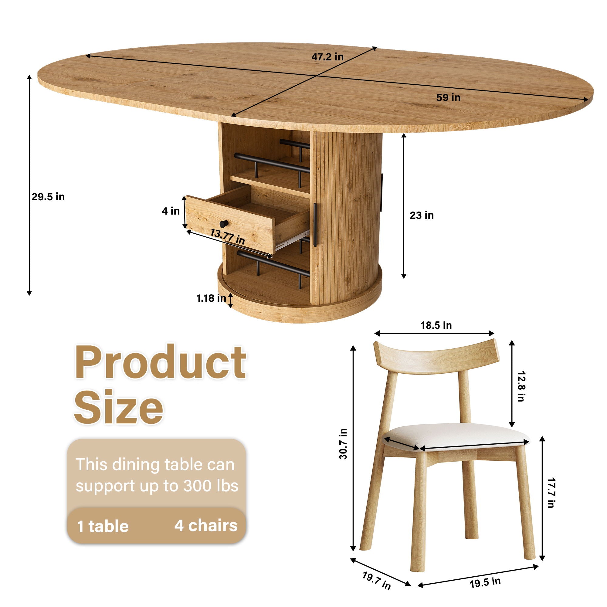 Extendable Oval Dining Table Set With 4 Cushioned Chairs, 2 Tier Storage - Oak