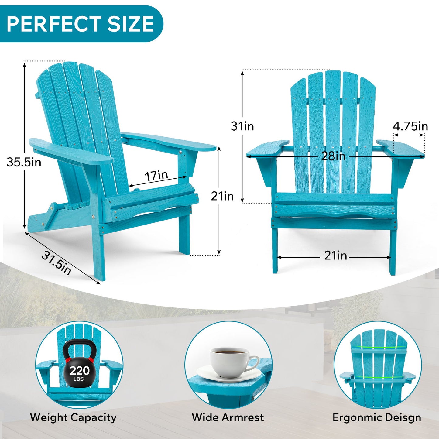 Lounge Patio Chair For Garden Outdoor Folding Embossed Adirondack - Turquoise Blue