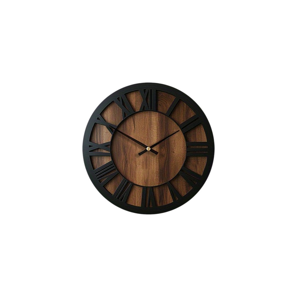 14" Black And Brown Solid Wood Silent Analog Round Wall Clock
