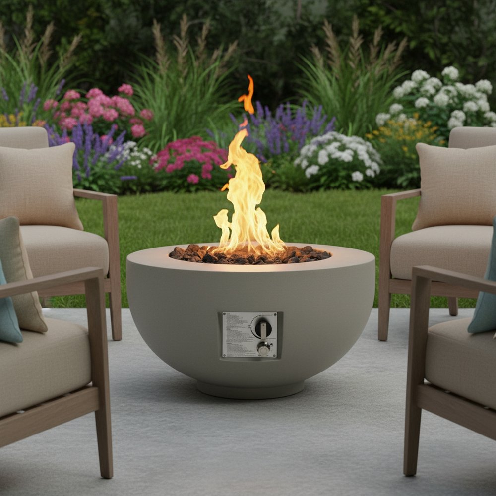 40000 BTU 28" Gray Magnesium Oxide Propane Round Fire Pit With Cover