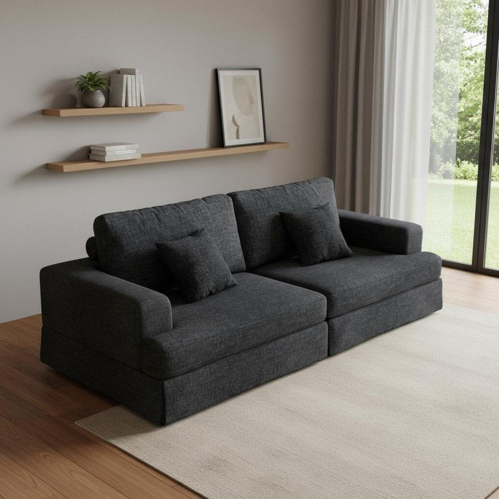 94" Gray Chenille Modular Stainless Steel Sleeper Sofa With Toss Pillows
