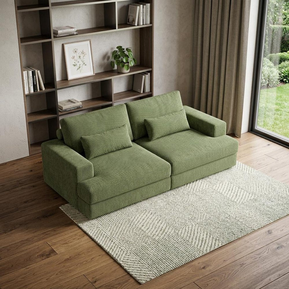 93" Green Corduroy Modular Stainless Steel Sleeper Sofa With Toss Pillows