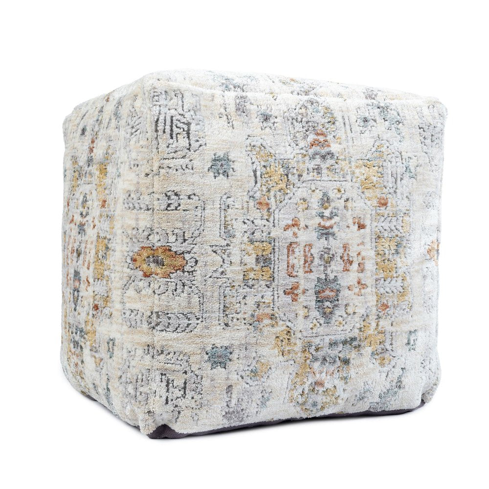 18" Ivory and Light Gray Upholstered Medallion Pouf Ottoman