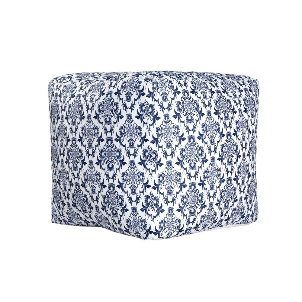 18" Blue and White Cotton Floral Pouf Ottoman