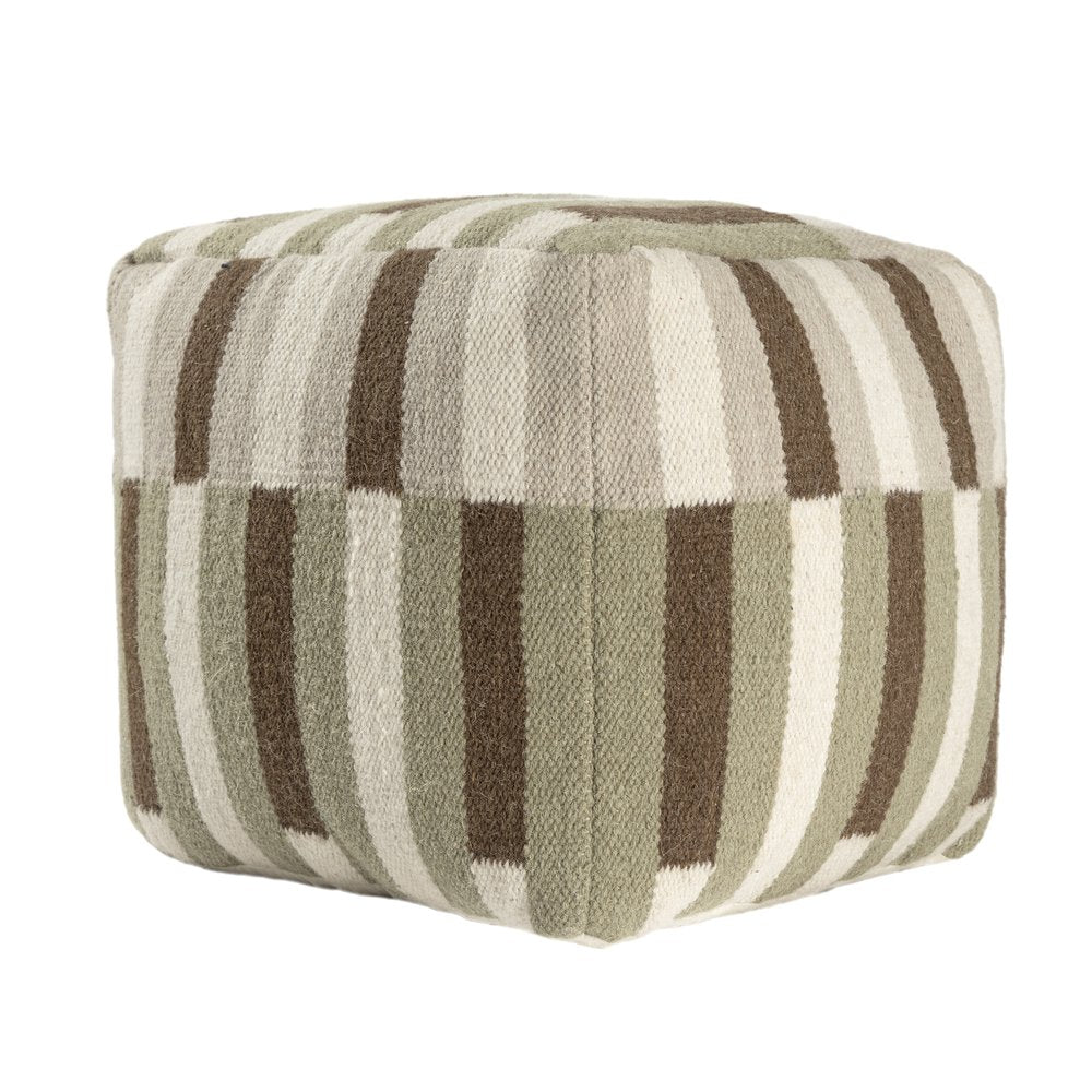 18" Brown Ivory And Khaki Brown Woven Geometric Pouf Ottoman
