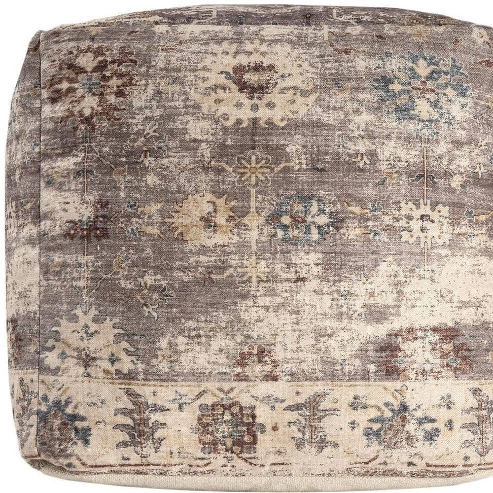 18" Ivory and Taupe Upholstered Medallion Pouf Ottoman