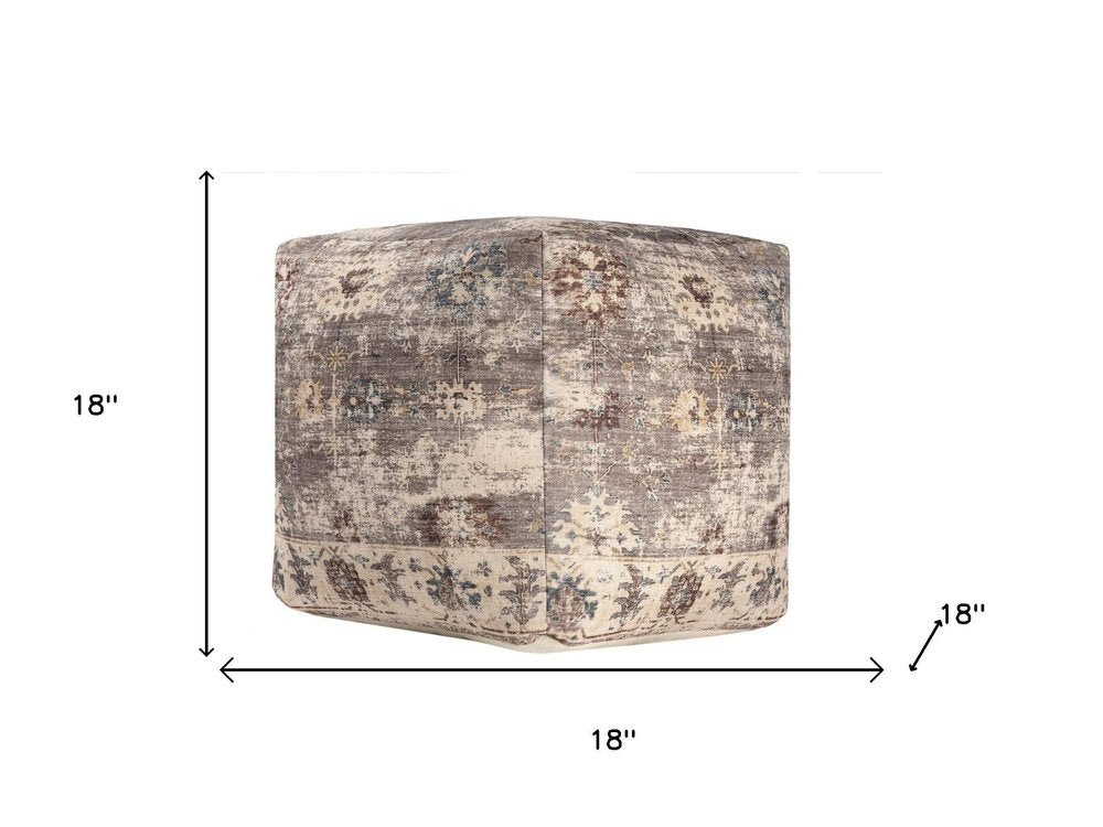 18" Ivory and Taupe Upholstered Medallion Pouf Ottoman