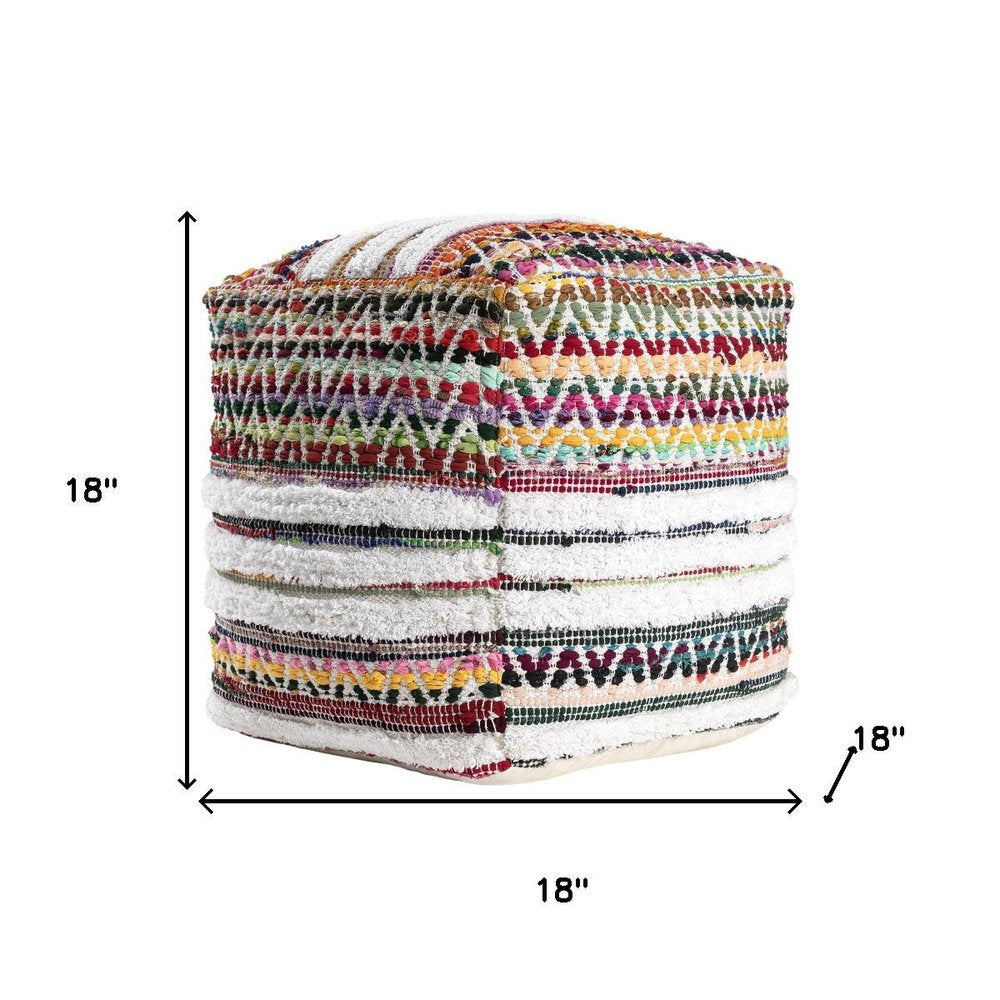 18" Natural And Rainbow Cotton Blend Chevron Pouf Ottoman