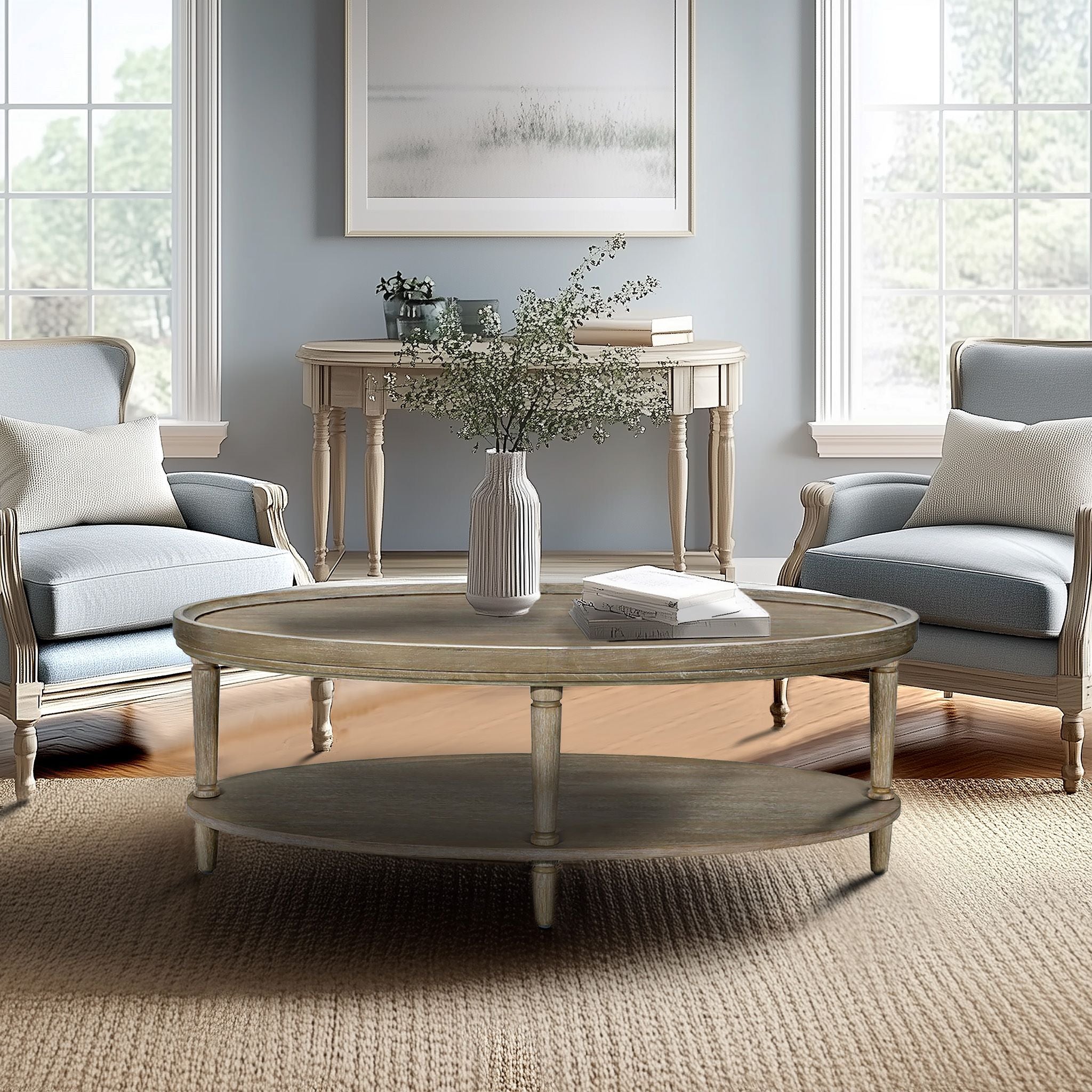 Ayanna - Oval Coffee Table With Shelf - Reclaimed Greige