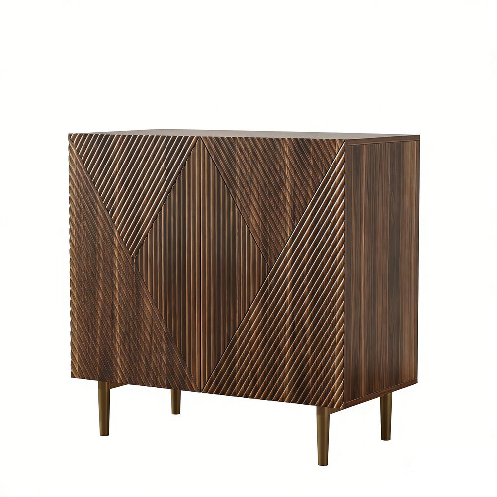 32" Brown Wood Carved Geometric Sideboard With Two Doors