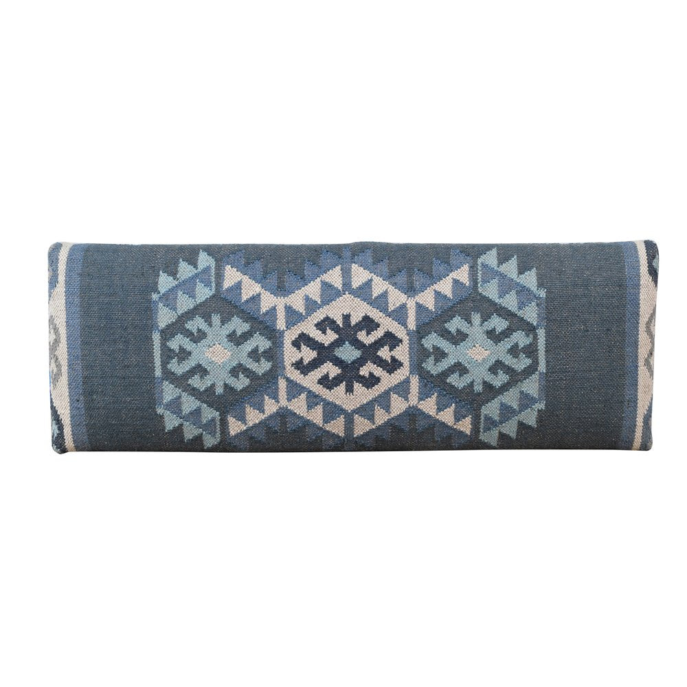 47" Blue and Brown Geometric Jute and Solid Wood Upholstered Bench