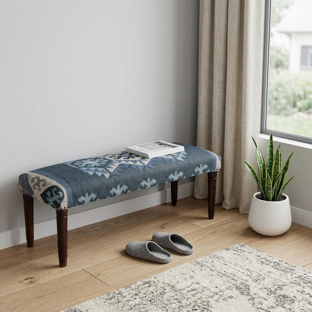 47" Blue and Brown Geometric Jute and Solid Wood Upholstered Bench