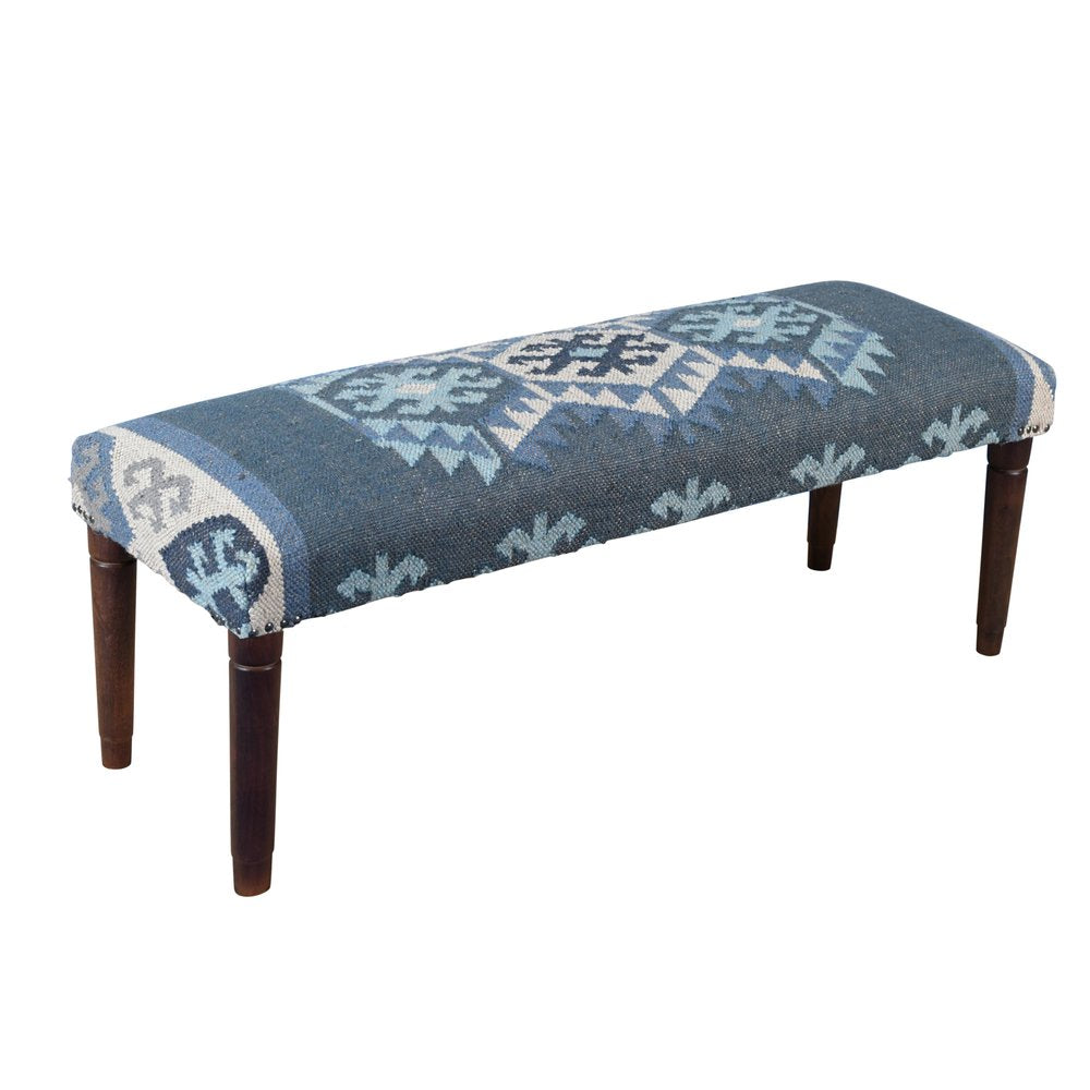 47" Blue and Brown Geometric Jute and Solid Wood Upholstered Bench
